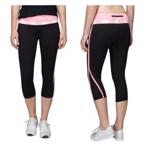 Lululemon Women's Up the Pace Crop legging in Black with Pink Coral. Size 12.